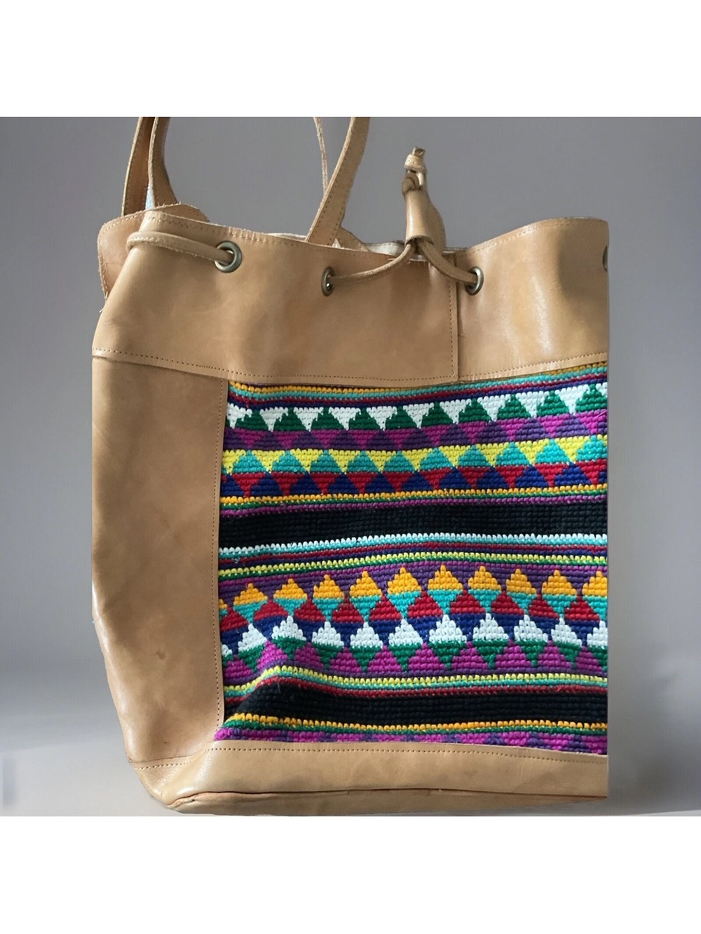 Leather Backpack Multi-Color Woven Boho Draw String Guatamalan Boho Hippy